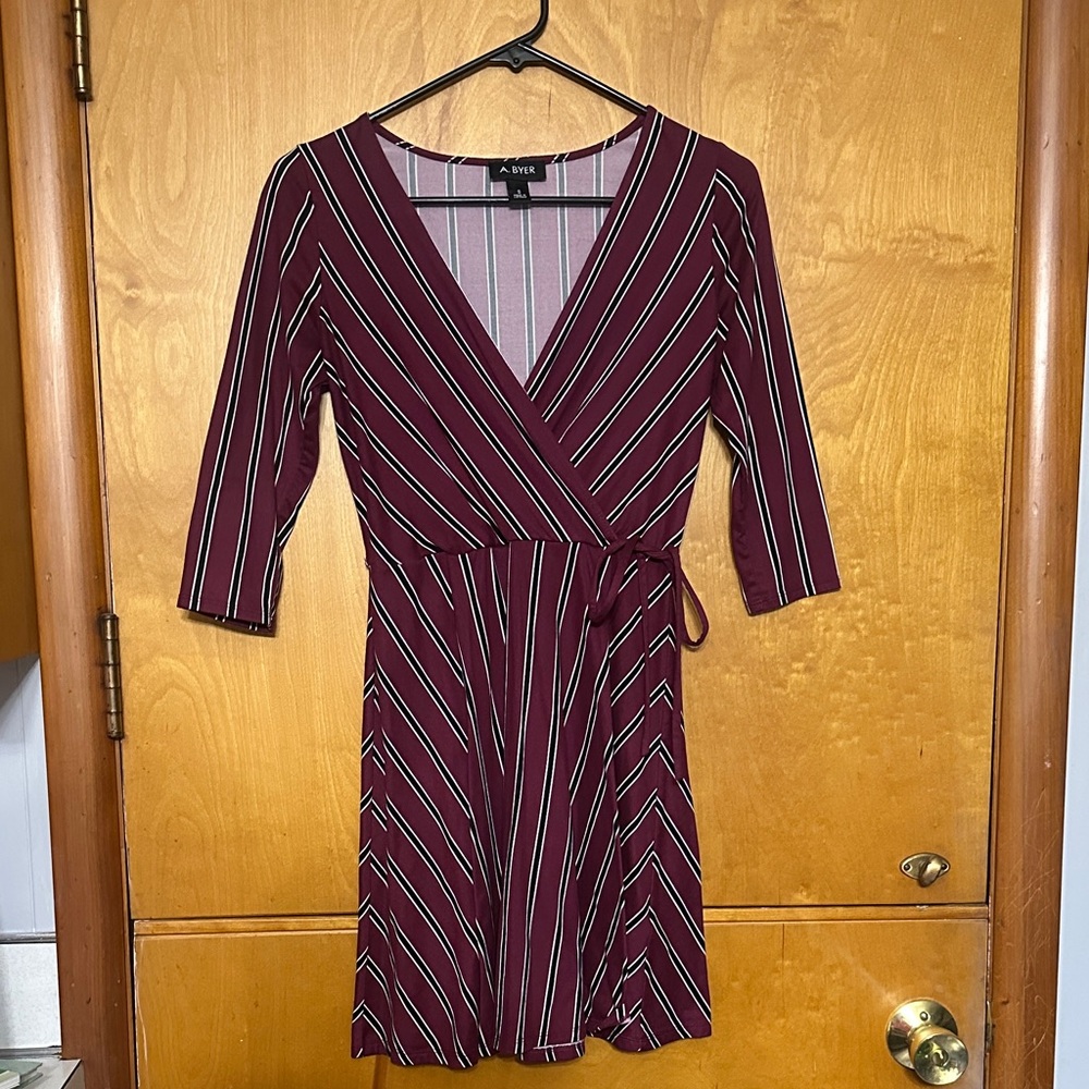 A. Byer Burgundy and White Striped Long Sleeve Dress